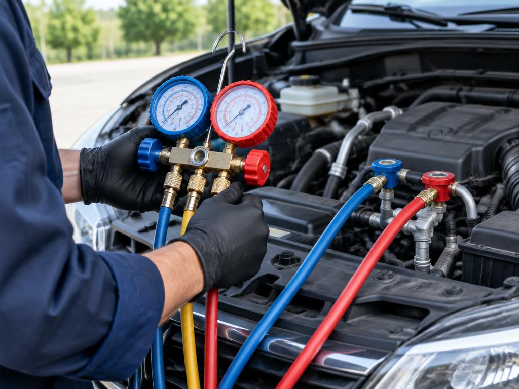 Automotive air conditioning pressure gauges connected for testing