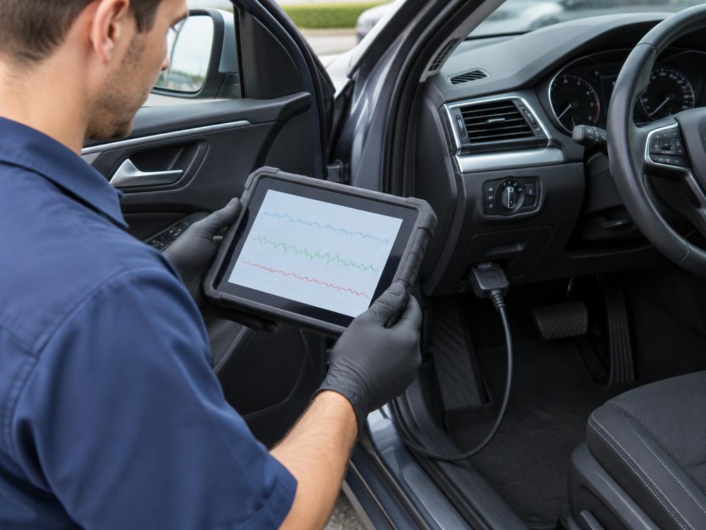 Technician reviewing vehicle diagnostic scan data